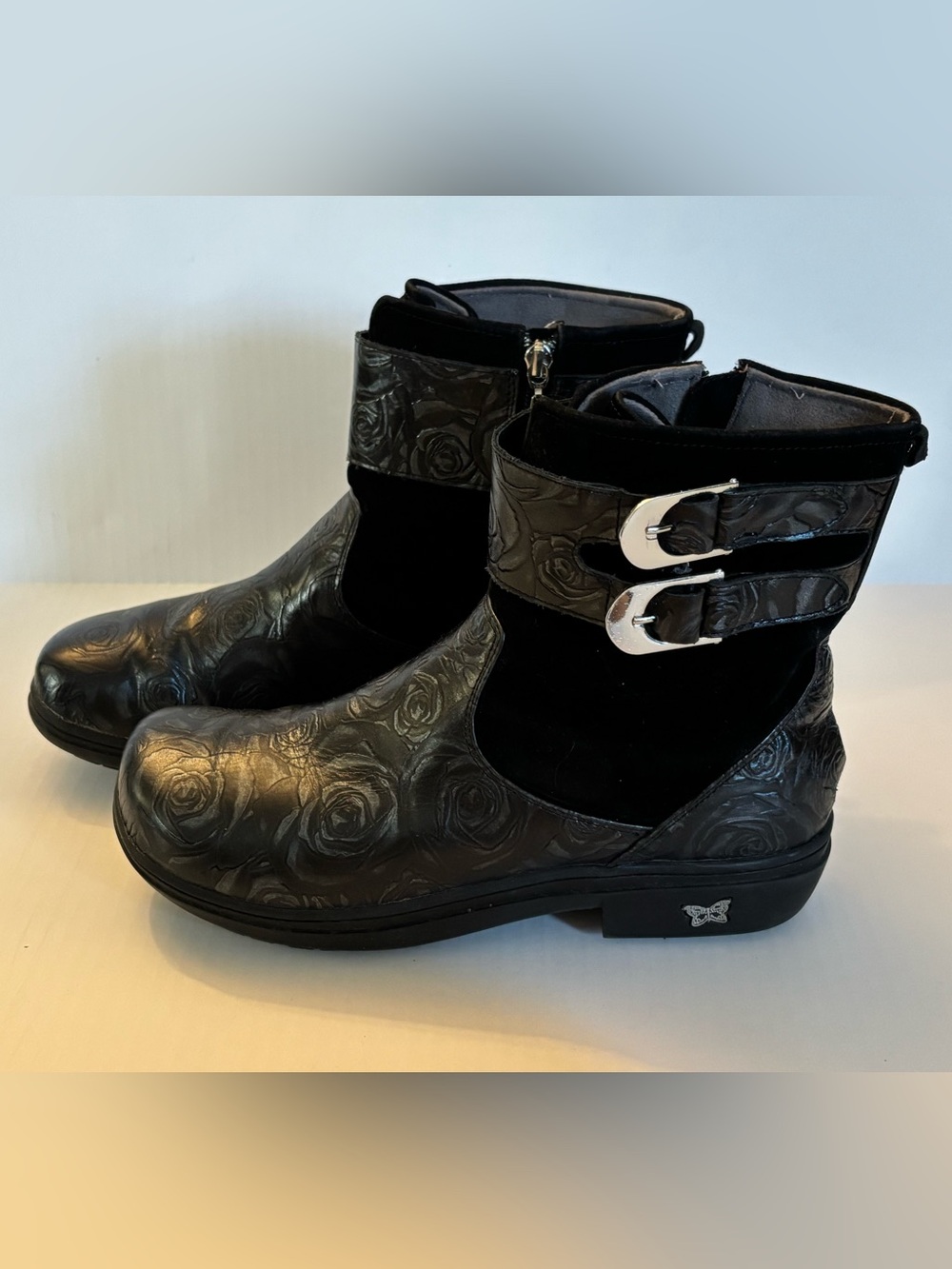 Alegria Caiti Black Floral Embossed Ankle Boots with Buckle Detail Size 11-11.5